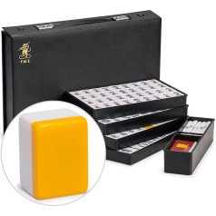Japoniškas Riichi Mahjong rinkinys - baltos ir geltonos spalvos standartinio dydžio plytos ir juodas vinilinis dėklas - su Rytų vėjo plyta, rinkinys su lazdelėmis ir kauliukais