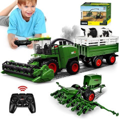 RC kombaino kombainas, kombaino kombainas nuotoliniu būdu valdomas didelis, RC traktoriaus žaislas vaikams Vejos pjaunamoji su priekaba, purkštuvu, šviesa ir garsu, kombaino ūkio transporto priemonė nuo 3 4 5 6 metų