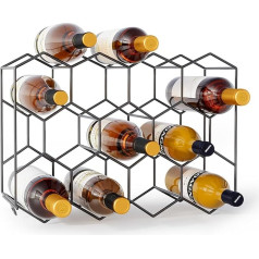 Urban Deco Metalinis vyno stovas 14 butelių, juodas butelių stovas su 2 kabliukais 2 vyno taurėms, nedidelis vyno stovas virtuvėje, 43 x 13,6 x 31 cm