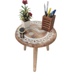 Vaniya Crafts ® Medinis šoninis staliukas / šoninis staliukas / augalų stovas / taburetė su graviravimu gyvenamajame kambaryje, miegamajame, restorane, vaikų žaidimų balduose, apvalios formos (natūrali balta)