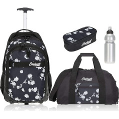 Elephant Hero Signature School Trolley Backpack Trolley Sports Bag Pencil Case Bottle 12800 4-Piece Set, Black Flower, Mokyklinių krepšių rinkinys