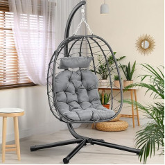 YITAHOME Kabantis krėslas su pagalvėle, maksimali apkrova 150 kg, lauko kabantis krėslas su rėmo krepšiais, 80 x 65 x 108 cm, kabantis krėslas, tvirtas rotango krėslas sodui, patalpoms ir lauke, juodas kiaušinio krėslas &