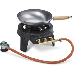 Hot Wok 12 kW ketaus dujinis degiklis su azijietišku Wok ir kepimo grotelėmis (trumpos petnešos) Camping BBQ