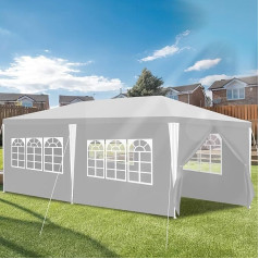 Pavėsinė, balta, 3 x 6 m, vandeniui atspari sodo pavėsinė, apsauga nuo UV spindulių, vakarėlių palapinė, sodo palapinė su 6 šoniniais skydais ir langais, stabili alaus palapinė lauke, sodo šventei, vestuvėms