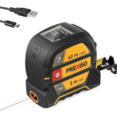 PREXISO lazerinis tolimatis 40 m, skaitmeninis, su LCD apšvietimu, M/In/Ft, įkraunamas matuoklis ir 5 m juostinis matuoklis, Pitagoro/atstumo/ploto/ploto/tūrio matavimas