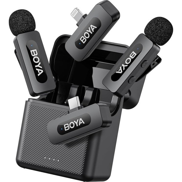 BOYA by-V3 Combo mini belaidis Lavalier mikrofonas iPhone/Android/PC/Laptop su USB-C/žaibolaidžiu, triukšmo slopinimu, 36H maitinimu vaizdo įrašymui, transliacijai