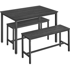 VASAGLE valgomojo stalas su 2 suolais, 3 dalių rinkinys, virtuvės stalas 70 x 110 x 75 cm, 2 suolai po 30 x 97 x 50 cm, plieninis rėmas, pelenų juodos spalvos rašalas KDT070B21
