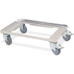 BRB aliumininis transportavimo ritinėlis 600 x 400 mm konteineriui, 4 ratukai, 2 su stovėjimo stabdžiu, ratai su pilkais guminiais protektoriais