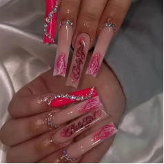 Gefälschte Nägel, Stick auf Nägeln, französische Spitze falsche Nägel, Nagelspitzen, falsche Nägel, Tipps Kunst, drücken Sie auf Nägel Quadratische falsche Nägel mit Klebstoff, die tragbare rote