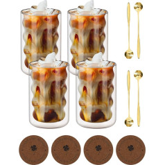 Latte Macchiato stiklinių rinkinys su 4 šaukšteliais ir 4 padėkliukais, 350 ml dvigubų sienelių stiklinės, pagamintos iš borosilikatinio stiklo, kaip Latte Macchiato stiklinės Termo stiklinės Kavos stiklinės su dvigubomis sienelėmis - saugios 