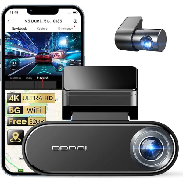 DDPAI 4K prietaisų skydelio kamera automobilio priekinė galinė 2160P + 1080P automobilio kamera Įmontuota 32G eMMC Balso valdymas ADAS 5G WiFi GPS G jutiklis su programėlės valdymu Naktinis matymas 24 valandų parkavimo stebėjimas, N5 Dual