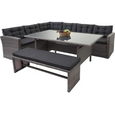 Mendler HWC-A29 Poly Rattan sodo baldų komplektas Lounge Valgomojo stalo komplektas Sofa + suoliukas Pilka pagalvėlė Pilka