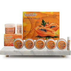 Papajos vaisių veido rinkinys (250 gm + 10 ml) ir papajos vaisių paplūdimio kremas (43 gm) jaunatviškam švytėjimui, giliam šveitimui, veido plaukelių šviesinimui, tamsioms dėmėms koreguoti, visų tipų odai, 2 vnt.