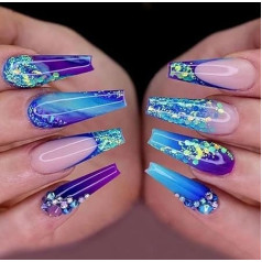 Karstas netikri nagai Ilgi netikri nagai Sequin Press On Nagai Mėlyna Violetinė marmurinė balerina Akrilo Stick On Nagai 24 vienetų moterims ir mergaitėms