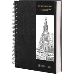 A5 eskizų sąsiuvinis, spiralinis sąsiuvinis su 160 g/m² storio popieriumi, juodu kietu viršeliu, meninio piešimo bloknotas, skirtas eskizavimui, 60 lapų/120 puslapių
