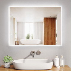 LOMIKEN LED vonios kambario veidrodis 80 x 60 cm su foniniu apšvietimu, 6400 K Cool White, be vario, kosmetinis veidrodis (4 mm), sieninis, aliuminio rėmas