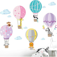 Lipdukas Zoo Animals in Hot Air Balloon I M - 130 x 75 cm (plotis x aukštis) I Sienų paveikslas Sienų lipdukas Vaikų kambario širdelės Gyvūnai Dekoracijos Mergaitės Mergaičių kambarys Lipdukas DL203