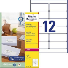 AVERY Zweckform LR7177-100 perdirbtos etiketės (1 200 adresų etikečių, 99,1 x 42,3 mm, A4 formato, 100 % perdirbtas perdirbtas popierius, spausdinamos, lipnios, skirtos DIN ilgiems raidiniams vokams), 100 lapų, natūralios spalvos