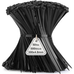 Pakuotė 500 kabelių kaklaraiščių juoda 12 colių, 300 mm x 4,8 mm nailono kaklaraiščiai, kabelių kaklaraiščių tempimo stipris 22 kg, UV spinduliams atsparūs kabelių kaklaraiščiai Zip, savaime užsifiksuojantys pramoniniai kabelių kaklarai