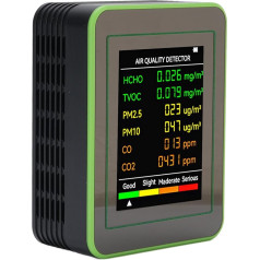 Patalpų oro kokybės monitorius, nešiojamasis išmanusis CO2 TVOC HCHO PM2,5 PM10 oro kokybės testeris su spalvotu LCD skaitmeniniu ekranu, skirtas namų biurui, namams ant ratų (juodai žalias)