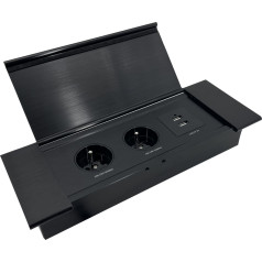 Įleidžiamas lizdas baldams su plokščiu frezuotu kraštu, atlenkiamu dangteliu, USB įkrovikliu ir 1,5 m kabeliu, 2x2P+Z (prancūziškas), 2xUSB (A+C tipas; 3,6A), juodas