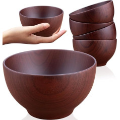 Keturių tradicinių japoniškų ryžių dubenėlių rinkinys iš kaštono medienos - 12 cm - azijietiško stiliaus ryžių, sriubų, desertų ir užkandžių patiekalai (tamsūs)