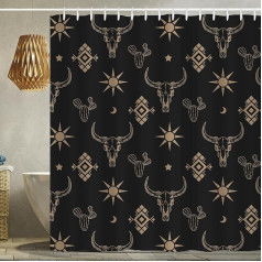 Vakarų bulių kaukolė Dušo užuolaida Boho karvė Longhorn kaukolė kaukolė Kaktusas Bohemiška juoda ir auksinė dušo užuolaida su kabliukais 72 x 72 colių vandeniui atsparus poliesterio vonios kambario užuolaida (juoda auksinė bulių kaukolė)