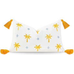 Hofdeco Premium Coastal Patio Lendenkissenbezug, nur für drinnen und draußen, 30,5 x 50,8 cm, wasserabweisend, für Hinterhof, Couch, bestickte Palmenquaste mit gelbem Babyblau