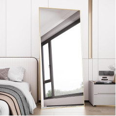 AUFHELLEN Viso kūno veidrodis 180 x 80 cm veidrodis su auksiniu metaliniu rėmu Grindų veidrodis HD veidrodis Didelis sieninis veidrodis su kabliukais svetainei, miegamajam ir drabužinei