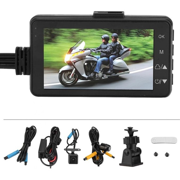 Motociklų fotoaparatas Motociklų Dash Cam 1080P HD dvigubo objektyvo vaizdo įrašymo įrenginys Motociklų veiksmų kamera, 3 colių LCD ekranas, IP68 atsparus vandeniui, įmontuotas labai jautrus mikrofonas