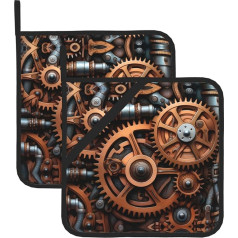 BROLEO Topflappen-Sets mit 2 Stück zum Entfernen des Küchendeckels - dick, langlebig, verbrühungsfreie Isolierung, 20,3 x 20,3 cm, Steampunk-mechanische Zahnräder