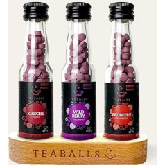TEABALLS® 3 dalių vaisių arbatos rinkinys su braškių, miško uogų, vyšnių arbatomis, su nemokamu mediniu stovu, dovanų rinkinys, skirtas 90-225 puodeliams šaltos/šaltos arbatos ir karštos vaisinės arbatos, be cukraus, greitai paruošiamas mil