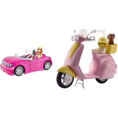 Barbie DJR55 lėlė ir kabrioletas, rožinės spalvos, su blizgučiais, tikroviška padangos emblema, žaislas nuo 3 metų ir FRP56 - motoroleris, rožinės spalvos, žaislas nuo 3 metų