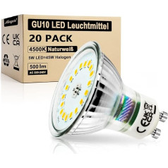 Allesgute GU10 LED 5 W LED lempos stiklas neutralios baltos spalvos 500 lm šviesos diodų lemputės 45 W halogeninio pagrindo klasikinės prožektorių lemputės, nestabdomos, pakuotė 20 vnt.