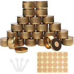 BELLE VOUS Pakuotė 24 auksinių metalinių žvakių pilstymo priedų su lipdukais ir mentele - 230 ml apvalūs žvakių indeliai - metalinės skardinės su dangteliais menams ir amatams - apvalios skardinės saugojimui