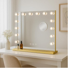 Bayt Hollywood Schminkspiegel 58 x 46 cm, su LED apšvietimu, Schminkspiegel mit 15 dimbaren Lampen, 3 šviesos diodai (šiltas, šviesus, neutralus), jutiklinis ekranas ir 10x Vergrößerungsspiegel (auksinis)