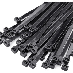 100 ilgų juodos spalvos, 450 mm x 9 mm, 80 kg tempimo stiprumo, aukščiausios kokybės nailono, juodos spalvos, atsparūs UV spinduliams, savaime užsifiksuojantys kabelių raiščiai, skirti kabeliams tvarkyti, sodininkystei