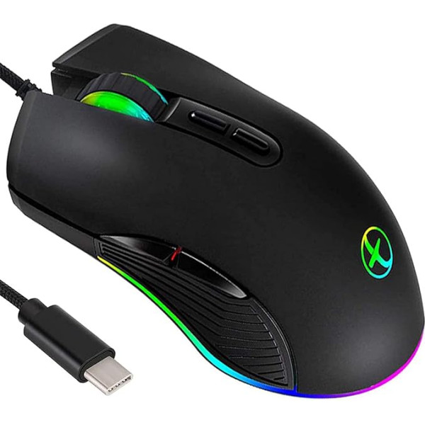 IULONEE Žaidimų pelė USB C tipo RGB laidinė kompiuterinė pelė Ergonomiška žaidėjų pelė, suderinama su M@c, PC, Matebook, Chromebook, universaliais nešiojamųjų kompiuterių 