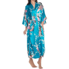 FEOYA Moterų kimono su diržu chalatas Peacock & Blossoms spausdinimo šilko ilgas naktiniai drabužiai mėlyna
