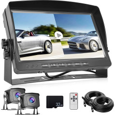 CAMECHO atbulinės eigos kamerų rinkinys su vaizdo registratoriumi, 9 colių LCD monitorius su dviem AHD 1080P plačiakampėmis atbulinės eigos kameromis, IP69 vandeniui atsparus, 18IR naktinio matymo, 2 x 10 m kabelis, skirtas