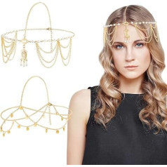 MELLIEX Pack of 2 Head Chain Gold Boho Tassel Headpiece Beads Sequins Hair Chain moterims ir mergaitėms