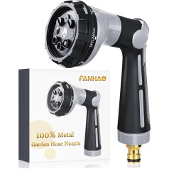 FANHAO 100 % metalinis sodo žarnos švirkštas, sodo dušas su 8 purškimo būdais, aukšto slėgio purkštukas, valdymas nykščiu, įjungimo / išjungimo vožtuvas, skirtas vejos ir augalų laistymui, automobilių ir naminių gyvūnėlių plovimui, sid