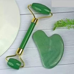 Žaliojo nefrito masažuoklis ir Gua Sha rinkinys, veido masažuoklis, žaliojo nefrito masažuoklis veidui, kaklui, kūno raumenims, atpalaiduojantis, stimuliuojantis kraujotaką, mažinantis smulkias raukšleles,