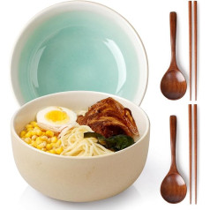 NUTRIUPS 2 indų rinkinys, 1200 ml, japoniškas keraminis indas, makaronų dubenėliai su lazdelėmis ir šaukštu (degančios orkaitės keitimas, baltas + žalias)