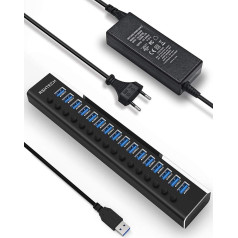 RSHTECH 16 prievadų USB koncentratorius Active 3.0 su 100 W maitinimo šaltiniu, aliumininis kelių prievadų USB 3.0 koncentratorius su 12 V/8,3 A maitinimo šaltiniu ir jungikliu, skirtas kompiuteriui, mobiliajam kietajam diskui, 
