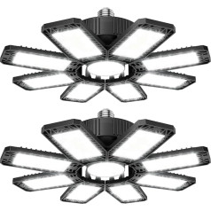 ANNIFUNLY Garažo lempa LED 210 W - 2 vienetai 21000 lm dirbtuvių lempa Garažo apšvietimas 6500 K K Kalibruojamas lubų šviestuvas su 8 skydeliais, E26/E27 rūsio lempos įlankos šviesa parduotuvei, dirbtuvėms, tvartui, sandėliui