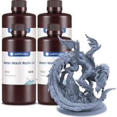ANYCUBIC Vandeniu nuplaunama derva 2.0, 3D spausdintuvų derva, plaunama vandeniu, apsaugota nuo geltonavimo, UV derva, 405 nm standartinė fotopolimerinė derva, mažai kvapo, skirta visiems LCD 3D spausdintuvams, pilka, 1 kg, 4 vnt.
