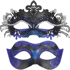 CIATBYYJ Maskarado kaukės poroms, blizgus mėlynas maskarado kaukių rinkinys, kvėpuojanti šviesiai mėlyna vakarėlio kaukė poroms, moterims, vyrams, poros kaukių baliui, karnavalui, Helovinui