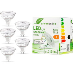 greenandco 5x CRI 90+ MR16 GU5.3 LED prožektorius, 6,5 W, 510 lm, 38°, 3000 K, šiltai balta, 12 V AC/DC