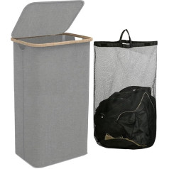 100L Wäschekorb mit Deckel, herausnehmbarer Innenwaschbeutel, Wäschekörbe für Wäsche mit Innensack und Griffen - Schmaler Wäschekorb mit Bambusgriffen Geeignet für Schlafzimmer und Badezimmer (Grau)